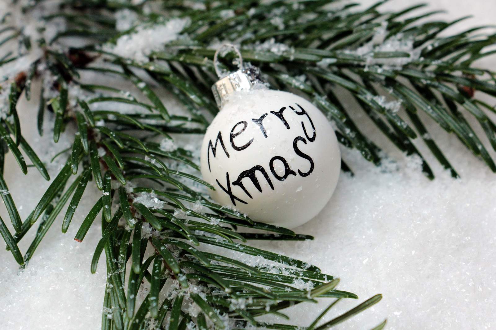 A white bauble saying Merry Christmas attached to a fir tree