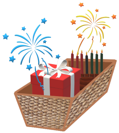 A holiday hamper logo with some fireworks, a present and some candles